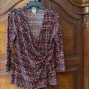 Ladies faux wrap blouse, red/white/black, large